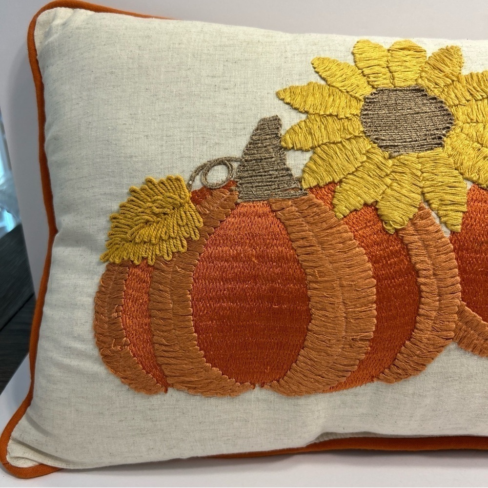 DEVI Designs Embroidered Decorative Pillow Pumpkin Sunflower Fall Zippered 26x14 - Picture 2 of 6